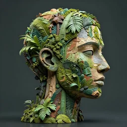 abstract, sculpture groudon made of various materials from rainforest of face of artificial intellicgence