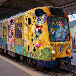 a completely stuffed train!!, can't believe how full it is, psychedelic, patterned skin, trending on artstation, photorealism!!, vibrant colors, digital art, in the style of harumi hironaka, gustav klimt, egon schiele, coby whitmore, david bates, monet, lisa frank, picasso, octane render.
