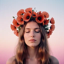 A analog head and shoulder frontal portrait photography of a woman wearing a crown full of small poppy flowers by Annie Leibovitz. Long hair. eyes closed. soft gradient pastel color background. Ilford Delta 400 film. detailed. hq. realistic. warm light. muted colors. lens flare. photoreal. Leica M9.