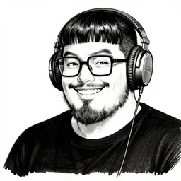 highly detailed ink illustration of a buff smiling man with long stubble, square glasses and black bowl cut, wearing a black tshirt and onear headphones, neo - dada b & w clean shaped illustration by kim jung gi and eiichiro oda