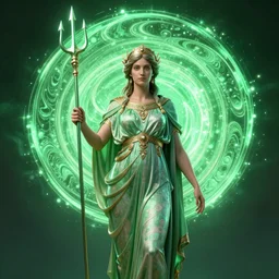 minerva, goddess of mysteries, glowing green spiral background, trident in hand, path traced, octane render, highly detailed, high quality, digital portrait by artgerm, hd, karol bak, alphonse mucha, tom bagshaw