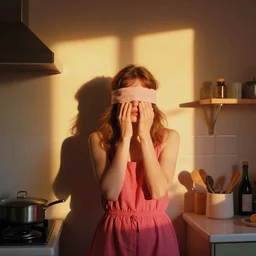 feeling with the heart, warm, blindfold, bright colours, female in kitchen, kodachrome