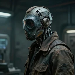 a half - masked rugged laboratory engineer man with cybernetic enhancements as seen from a distance, scifi character portrait by ian mcque, greg rutkowski, esuthio, 1 / 4 headshot, cinematic lighting, dystopian scifi gear, gloomy, profile picture, mechanical, cyborg, half robot, implants, dieselpunk