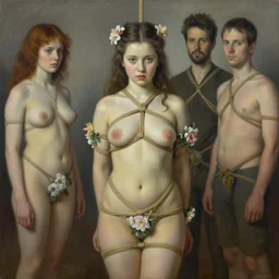 pop surrealism, lowbrow art, realistic cute girl painting, body harness, japanese shibari with flowers, hyper realism, muted colours, rococo, natalie shau, loreta lux, tom bagshaw, trevor brown style,