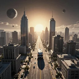 a Communist futuristic city on the moon street photo, sunrise, flying vehicles, long shadows, photorealistic, stunning, magnum photos 4k