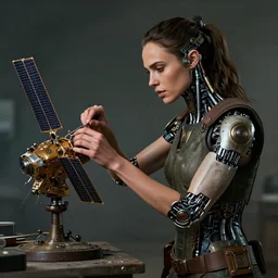 a rugged engineer barefoot gal gadot girl with cybernetic enhancements working assembling a satellite, smooth skin, scifi character portrait by greg rutkowski, esuthio, craig mullins, 1 / 4 headshot, cinematic lighting, dystopian scifi gear, gloomy, profile picture, mechanical, half robot, implants, steampunk