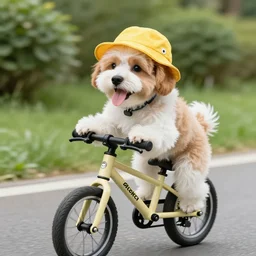 a dog with a yellow hat riding a bike