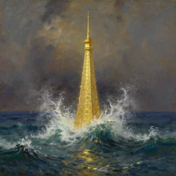 a delicate sparkling gold fantasy tower splashes upwards from a turbulent ocean, dramatic lighting, rich colors, sunlight shimmering off the tower and the water and the spray, beautiful painting by Thomas Cole