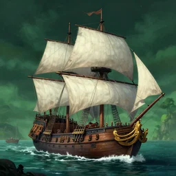 highly detailed 4K fantasy matte painting of a huge pirate ship galleon sailing into a harbor at night large white sails green landscape digital art by Greg Rutkowski and Thomas Kinkade, trending on Artstation