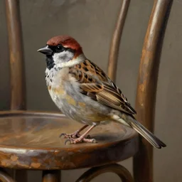 sharp focus, highly detailed, by diego velazquez, oleo, artstation, an oil painting of a sparrow perched on a chair
