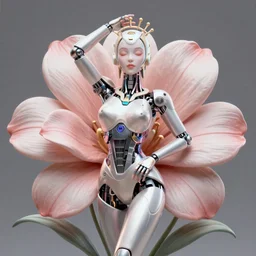 symmetrical Beautiful 3d render portrait of one cybernetic flower queen in a sensual pose, in the style of Dan Mumford, with a lit futuristic cyberpunk city in the background.
