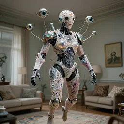 a cybernetic symbiosis of a Massimo Boldi mech-organic eva suit made of pearlescent wearing knitted shiny ceramic multi colored yarn thread infected with diamond 3d fractal lace iridescent bubble 3d skin dotted covered with orb stalks of insectoid compound eye camera lenses floats through the living room, film still from the movie directed by Denis Villeneuve with art direction by Salvador Dalí, wide lens,kevlar,carbon fiber,ceramics,gaseous materials,