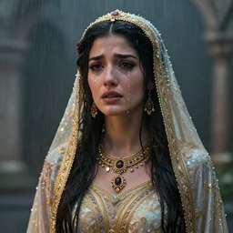 an arabian princess standing in the rain crying, shiny, fantasy, intricate, elegant, hyper detailed, ultra definition, photoreal, artstation, unreal engine rendered, concept art, smooth, sharp focus, illustration, art by artgerm and greg rutkowski and alphonse mucha and garis edelweiss
