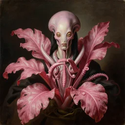 still life of pink xenomorph tropical flowers religious painting, baroque portrait painting, detailed octane render trending on artstation artgerm, 8 k artistic photography, volumetric cinematic perfect light, chiaroscuro, masterpiece, raphael, caravaggio, beksinski, rutkowski, giger