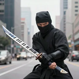 an urban 🧔🏿‍♂️ crimefighting ninja musician wielding a sword that has a piano keybed as the blade, black and white color scheme