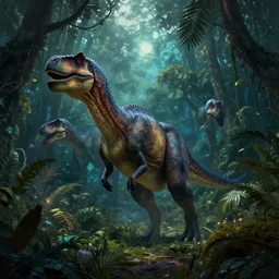 final fantasy live action, realistic dinosaur walking through the jungle, evocative, mystical night, very very very very detailed, award winning, masterpiece digital painting by greg rutkowski, alex grey, artstation, 4 k wallpaper