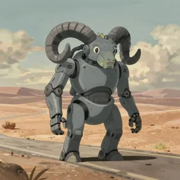 a study of a cell shaded cartoon of a grey mechanized ram from howl's moving castle ( 2 0 0 4 ), on a desert road, full body, wide shot, very muted colors, post grunge, studio ghibli, highly detailed, deviantart, art by artgem