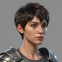 hyper detailed substance painted 3 d full body turnaround character portrait of a woman with a pixie cut and a realistically proportioned face, photorealistic eyes, good value control, smooth, realistic shading, realistic face details, painted texture maps, good colors, illustration, substance painter, ultra realistic, very highly detailed, segmented demon inspired armor