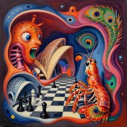 an extremely high quality hd surrealism warm painting of 4 d perspective neon complimentary - colors cartoon surrealism concave melting sculpture composition of zaha hadid biological anatomical peacock mantis shrimp by a much more skilled version of kandinskypicasso and salvia dali the fourth, salvador dali's much much much much more talented painter cousin, 8 k, ultra realistic, opera house, chess, tunnels