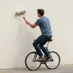 a man riding a unicycle, holding a paint roller in each hand, painting a wall