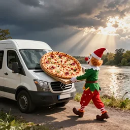 candid photo of keebler elves delivering an oversized pizza to bozo the clown's van down by the river