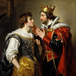 attractive fully clothed king confesses his love for his attractive fully clothed male prince. highly detailed painting by gaston bussiere, daniel f. gerhartz, j. c. leyendecker 8 k