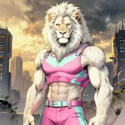 aesthetic portrait commission of a  of a male fully furry muscular anthro albino lion with a tail and a beautiful attractive hyperdetailed face wearing stylish and creative wearing  pink and mint male crop top outfit in a sci-fi dystopian city at golden hour while it storms in the background. Character design by charlie bowater, ross tran, artgerm, and makoto shinkai, detailed, inked, western comic book art, 2021 award winning film poster painting