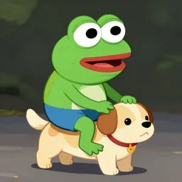 a portrait of a happy pepe the frog riding a puppy, digital art, high quality