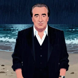 vaporwave art of danny devito, on a rainy night on the beach
