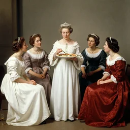 historical photo of queen margherita ( savoy ) sharing a pizza! margherita with her friends, full body, portrait photo, diffuse light, acclaimed masterpiece