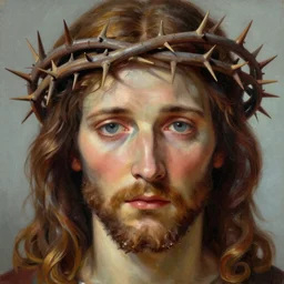 A beautiful close-up of Christ with the crown of thorns, digital art by Edward Hopper, vibrant color scheme, highly detailed, in the style of romanticism, fine Art, high detail, great lighting, 8k resolution, masterpiece, concept art, illustration, clear eyes, soft lighting, soft details, painting oil on canvas, octane render, HDR, trending on artstation, 4k, 8k, HD