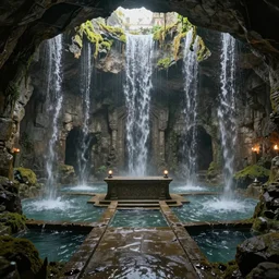 man-made underground dungeon interior with low ceiling and stone walls, waterfalls and mould, a single large altar in the center, pools and splashing water;  detailed, best on artstation, raymond swanland, bayard wu, cosmic, epic, stunning, masterpiece