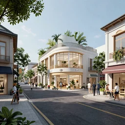 a shopping street in a city, highly detailed, octance render, leisure area in the middle of the building, 8 k rendering