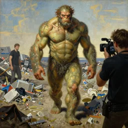 renaissance grotesque full body portrait painting of angry bodybuilder swamp thing walking to the camera, camera puller back far, in a wasteland, landfill, elegant artwork by lee bermejo and greg rutkowski and alphonse mucha