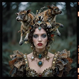 kodak portra 4 0 0, wetplate, photo of a surreal artsy dream scene,, weird fashion, in the nature, highly detailed face, very beautiful model, portrait, close up, extravagant dress, carneval, animal, wtf, photographed by paolo roversi style and patrick demarchelier