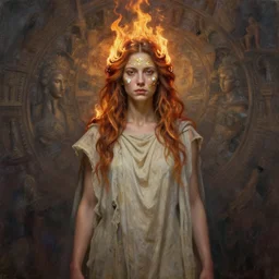 oil portrait | full medium shot | front close - up | one character | dressed in long rags, fire in your hair, ethereal, biblically accurate goddess, multidimensional background, tiny engraved ornaments of white gold in your face, octane render, devianart, fine art, intrincate. by peter mohrbacher, marc simonetti and anna podedwor