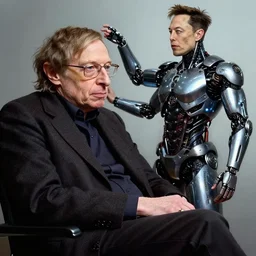 stephen hawking gets a lap dance from a cyborg elon musk, fantasy concept art 8 k hyper realistic