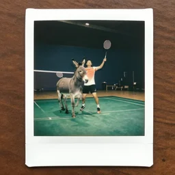 a donkey playing badminton, polaroid photo