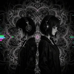 two analog lesbian anime girls wearing headphones, esoteric fractal mandelbrot background, dark and gothic, intricate, somber, in the style of desmond paul henry, opengl, stylized, japanese, artstation, highly detailed, noisy and glitched, signal interference, resonant, amazing composition, 4 k