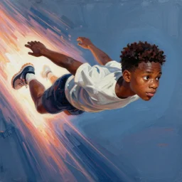 digital painting of black teenager flying through the metaverse at lightspeed as seen on artgerm, octane render, highly detailed, by wlop, james jean, victo ngai! cmyk palette, art fantasy by craig mullins, thomas kinkade