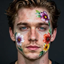 sebastian stan as bucky barnes with his face painted. face painting of flowers. beautiful highly detailed face. painting by artgerm and greg rutkowski and raymond swanland.
