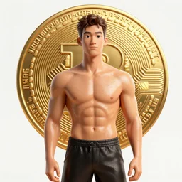 attractive oiled up glossy man posing in front of a huge golden bitcoin, angelic light, commercial by annie liebovitz, gaston bussiere, craig mullins, j. c. leyendecker