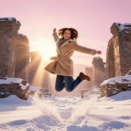 epic face portrait of Mila Kunis warmly clothed jumping into deep snow, ancient ruins, prism sun rays through wind swept snow, pink golden hour, intricate, highly detailed, epic vista, very crispy, Ralph Horsley, Daniel F. Gerhartz, Artgerm, Boris Villajo, Lilia Alvarado