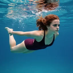 emma watson wearing a swimsuit, swimming underwater, attractive curves, beautiful face, whole body visible, 4 k cinematic photo.