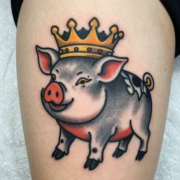 traditional american tattoo of pig wearing a gold crown