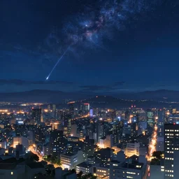 Dreamy world at night, shooting stars, cityscape, pixiv scenery art, light refraction by makoto shinkai