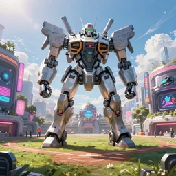 market in japan, cyberpunk style, big mecha - bot in center of field on first plan, bright neon signs, sunny weather, tim hildebrandt, wayne barlowe, bruce pennington, donato giancola, larry elmore, octane render, 3 d render, masterpiece, trending on artstation, featured on pixiv, cinematic composition, hyper - detailed, hd, hdr, 4 k, 8 k