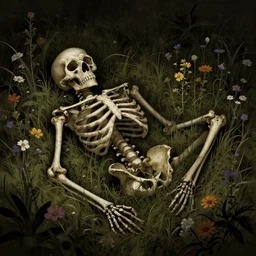 dark illustration of abandoned skeleton bones in a meadow of flowers