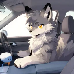 a cool wolf fursona, in a car