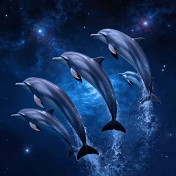 a group of cosmic dolphins swimming and jumping out of a ocean of the cosmos, epic composition, 4 k